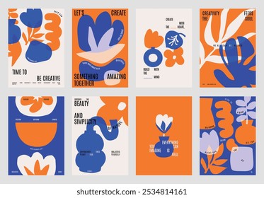 Carteles abstractos coloridos con Formas de Vector y texto audaces. Diseños creativos en naranja, azul y blanco. Diseños inspiradores y artísticos para la estética moderna. Carteles de Vector azul y naranja.