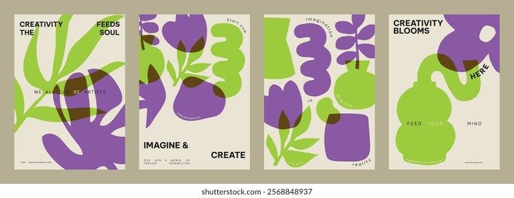 Colorful abstract posters with green and purple. Creativity and nature themes. Bold text highlights creativity and imagination. Vibrant and artistic design. Creative floral poster template vector set.