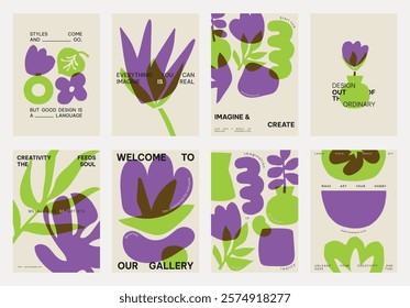 Colorful abstract posters with green and purple shapes. Creative design and imaginative art. Bold graphics with text. Unique and vibrant visuals. Creative floral poster template vector set.