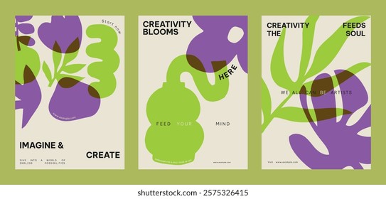 Colorful abstract posters with text. Creativity blooms with vibrant purple and green shapes. Art and imagination feed the soul. Creative design and bold colors. Creative floral poster template vector.