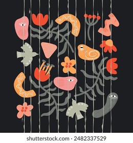 Colorful abstract print with folk elements.Grunger shapes with ornament,flowers and flying birds.Dark grey background with rough lines.Vector design for printing on fabric and paper,wall art decor.