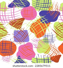 Colorful abstract print. Random shapes , seamless pattern, retro style illustration. Trendy basic color background with creative pattern.  Grunge brushstrokes . Lines and colored spots. 