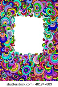Colorful abstract psychedelic frame; hand drawn circle vector background.