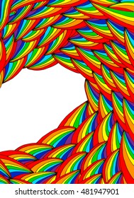Colorful abstract psychedelic frame; hand drawn rainbow wave vector background.