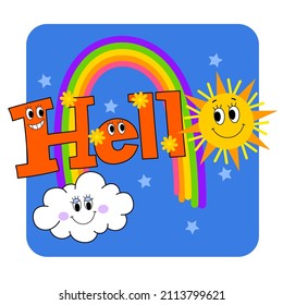 Colorful abstract rainbow and Suns with faces. Trendy illustrations.