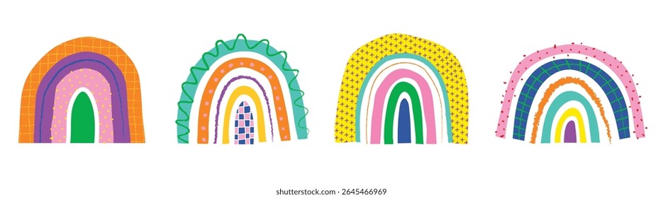 Colorful abstract rainbows in various patterns and textures. Bright rainbow designs with vibrant colors. Decorative rainbow art with unique styles. Cute illustrations, isolated element vector set.