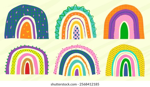 Colorful abstract rainbows with vibrant patterns. Each rainbow features unique designs and bright colors. Perfect for playful and creative themes. Cute vector element set.