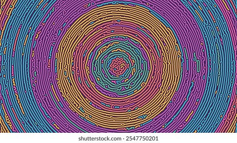 Modelo abstracto colorido de la difusión de la reacción con la estructura orgánica. Patrón de Turing con ondas circulares concéntricas en tonos vibrantes. Laberinto de doodle hipnótico e intrincado y con curvas. Vector de fondo