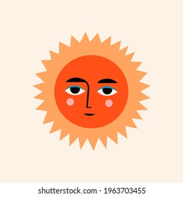 Colorful abstract red Sun with face. Ethnic style. Hand drawn trendy Vector illustration. Isolated icon. Logo, poster, t-shirt print template