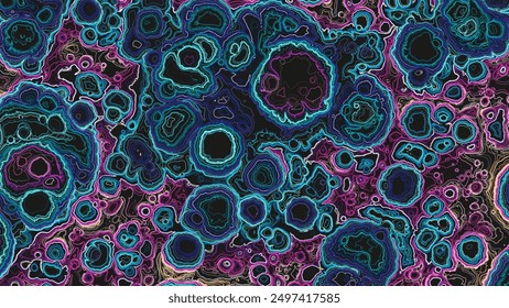 Colorful abstract relief map with craters. Elevation contour lines on geographic topographic map. Agate cut stone slice. Abstract detailed cross section marbled stone background. Vector illustration