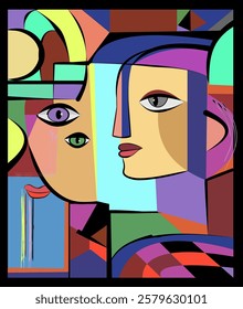 A colorful abstract representation of faces ,geometrically fragmented composition. Various shapes and lines intersect to create the appearance of eyes, noses, bold use of contrasting colors