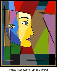 Una representación colorida y abstracta de un perfil humano domina el escenario, compuesto por diversas Formas geométricas y tonalidades vibrantes. 