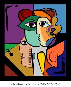 A colorful, abstract representation of multiple faces is featured, with bold lines dividing segments of contrasting colors. The profiles and facial features are intertwined