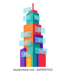 A colorful abstract representation of a skyscraper with digital clock displays showing different times on each level.
