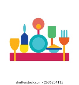 Colorful abstract restaurant table setting depicting food and drink elements in flat design