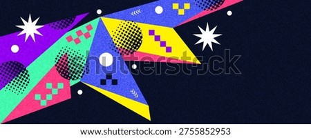 Colorful Abstract Retro Background with Memphis Geometric Shapes and Halftone Patterns. Suitable for Banner and Poster Design of Sports, Games, or Kids Events