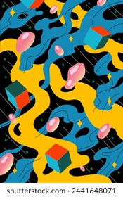 A colorful, abstract retro illustration featuring a dynamic composition of fluid shapes, geometric cubes, and celestial motifs on a starry black background.
