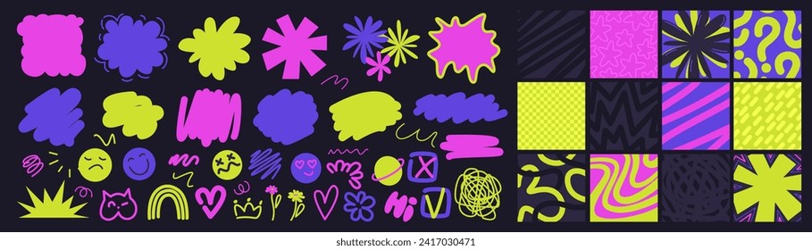 Colorful abstract retro shapes, speech bubbles, strokes, smiles, backgrounds. Psychedelic colors, forms. Funky cute  design elements.