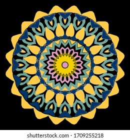 Colorful abstract round mandala pattern. Vector ornamental bright background. Floral backdrop. Geometric folkloric ornament. Ethnic tribal style circle patterned design with frames, borders, flowers. 
