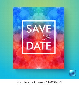 Colorful abstract Save the Date wedding invitation or event reminder with a vivid red to blue gradient hexagonal pattern over a gradient blue textured background with button