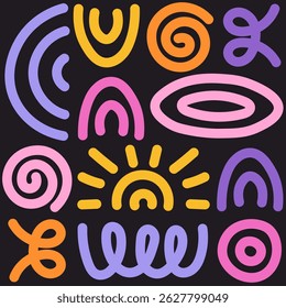 Colorful Abstract Scribbles Seamless Pattern. Trendy vibrant background with lines doodles squiggles round circle shapes. Minimal playful design. Repeat vector illustration