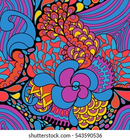Colorful abstract seamless pattern. 60s hippie psychedelic art
