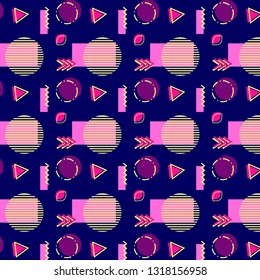 Colorful abstract seamless pattern in 80s retro memphis style with geometric shapes on an isolated dark blue background