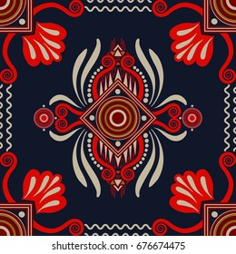 Colorful abstract seamless pattern. Blue and red geometric wallpaper with decorative elements. Ethnic motive pattern