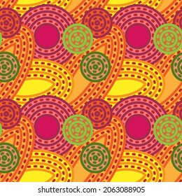 Colorful abstract seamless pattern. Bright geometric background of circles and ellipses. Orange, magenta and green