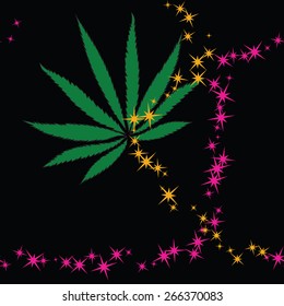Colorful abstract seamless pattern with cannabis leaves and stars