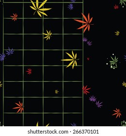 Colorful abstract seamless pattern with cannabis leaves and grid
