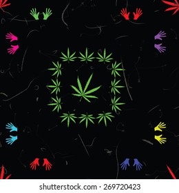 Colorful abstract seamless pattern with cannabis leaves, hands and scratches