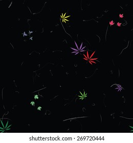 Colorful abstract seamless pattern with cannabis leaves and scratches