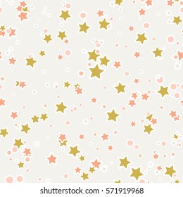 Colorful abstract seamless pattern with cute stars, little dots on beige background. Confetti wrapping paper, background. Vector illustration.