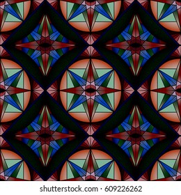 Colorful abstract seamless pattern, decorative kaleidoscope stained glass style. Vector texture for wallpapers, pattern fills, fabric, textile print, web page backgrounds