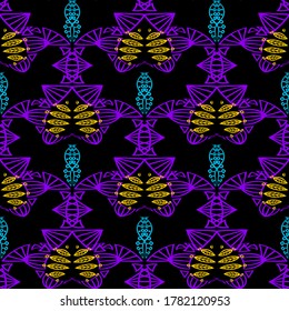 Colorful abstract seamless pattern. Ethnic tribal background. Symmetrical floral fabric ornaments. Abstract repeat folkloric backdrop. Patterned decorative ornate design. 