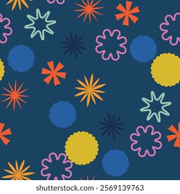 A Colorful Abstract Seamless Pattern Featuring Various Shapes Set Against a Dark Background