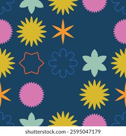A Colorful Abstract Seamless Pattern Featuring Various Shapes Set Against a Dark Background