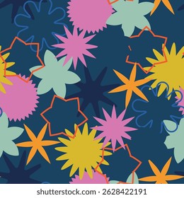 A Colorful Abstract Seamless Pattern Featuring Various Shapes Set Against a Dark Background