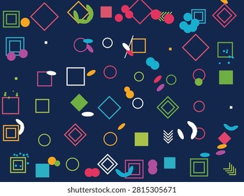 A colorful abstract seamless pattern featuring playfull Memphis-style geometric elements like squares, diamonds, circles, and dots spread across a dark navy blue background. Perfect for textile prints, wallpaper designs, website backdrops, creative packaging, cover art, and vibrant digital graphics.
#AbstractPattern #GeometricDesign #MemphisStyle #SeamlessPattern #VectorBackground #ColorfulDesign #PatternDesign #DigitalArt #GraphicDesign #TextilePattern