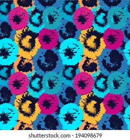 Colorful abstract seamless pattern with flowers. Hawaiian. Hibiscus. Art grunge ornament. Summer. Paint stains. Rainbow background. Distressed. Fabric, textile design. Endless print texture - vector 