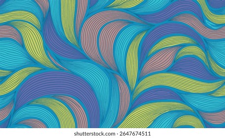 Colorful abstract seamless pattern with flowing wavy lines in blue, yellow, and purple tones. Ideal for textile design, wrapping paper, wallpaper, and modern digital or print backgrounds.
