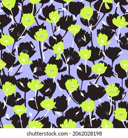 Farbiges abstraktes, nahtloses Muster mit farbigen Blumen und hellen Farben. Trendy botanische digitale Illustration. Umhüllungspapier, Gewebe, Textilien