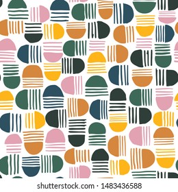 Colorful Abstract seamless pattern of hand drawn geometric elements, half circle and striped Grunge texture. 