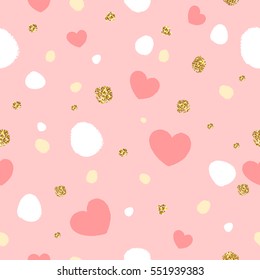 Colorful abstract seamless pattern with hearts and golden glitter texture. Vector illustration