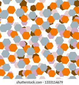 Colorful abstract seamless pattern with hexagon, messy mosaic, tile, geometric shapes. Vector illustration.  