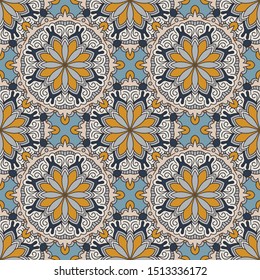 Colorful abstract seamless pattern with mandala ornament. Thin line doodle  background. Vector illustration.  