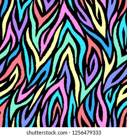 Colorful abstract seamless pattern. Neon lines background. Rainbow stripes repeating backdrop. Vector print for fabrics, posters, banners.