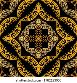 Colorful abstract seamless pattern. Ornamental tribal background. Symmetrical floral fabric ornament. Abstract repeat folkloric backdrop. Patterned decorative ornate design. Doodle shapes, lines, dots