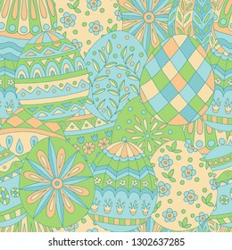 Colorful abstract seamless pattern of painted easter eggs, doodle